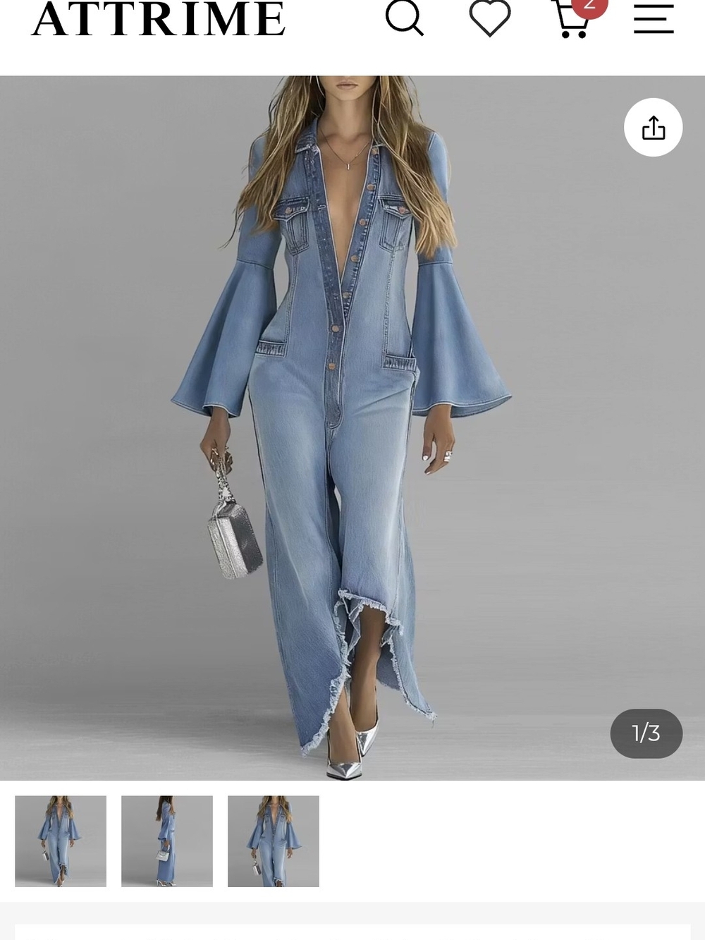 Attrime Light Wash Denim Jumpsuit with Bell Sleeves And Frayed Hem